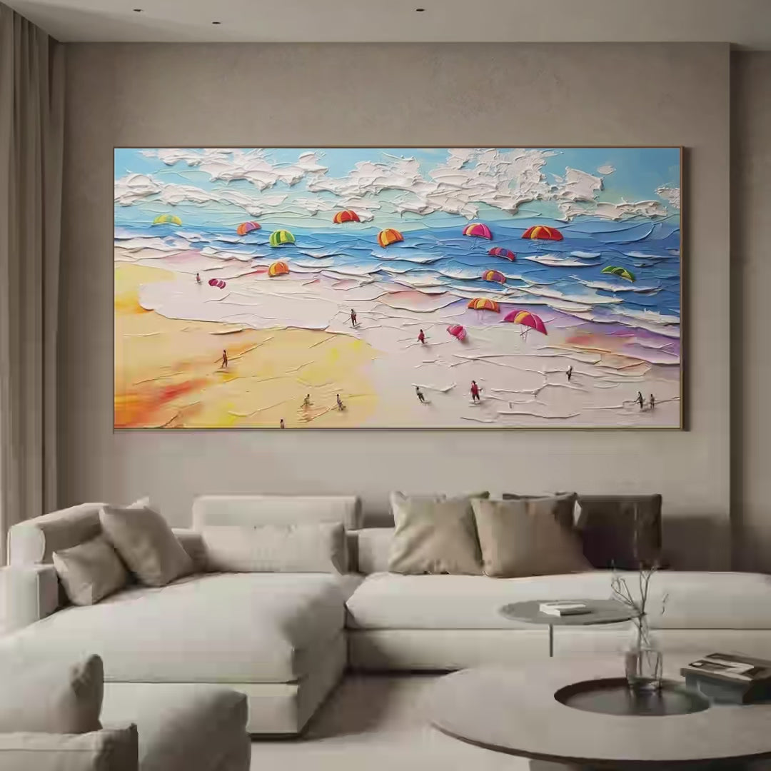 SEASIDE CELEBRATION: Textured Impasto Beach Painting with Colorful Umbrellas - Image 4