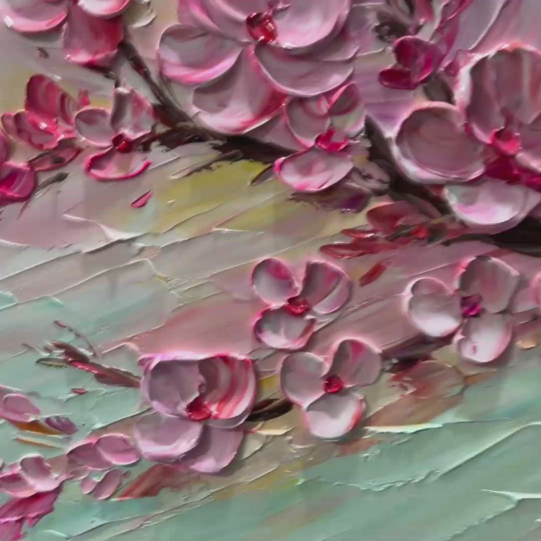 CHERRY BLOSSOM DREAM: Textured Impasto Cherry Blossom Painting, Horizontal Wall Art - Image 3
