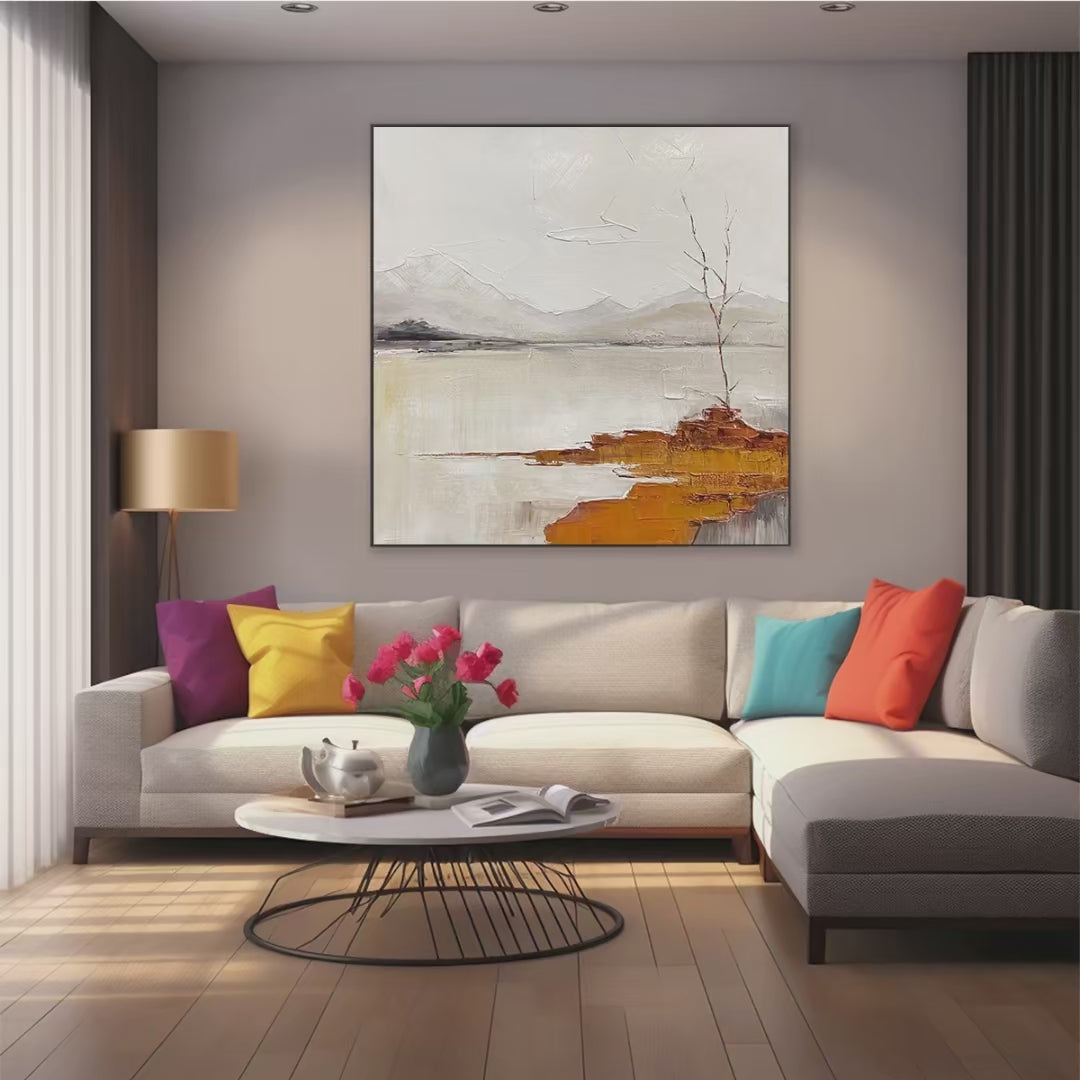 SERENE WATERS: Minimalist Landscape Painting in White, Grey, and Orange, Square Canvas Wall Art - Image 4