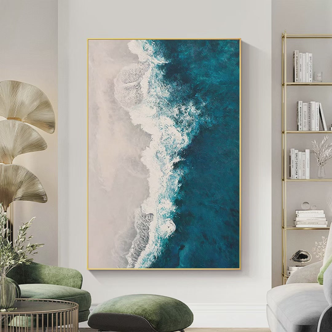 AZURE COAST: Blue and Beige Abstract Coastal Painting for Living Room - Image 4
