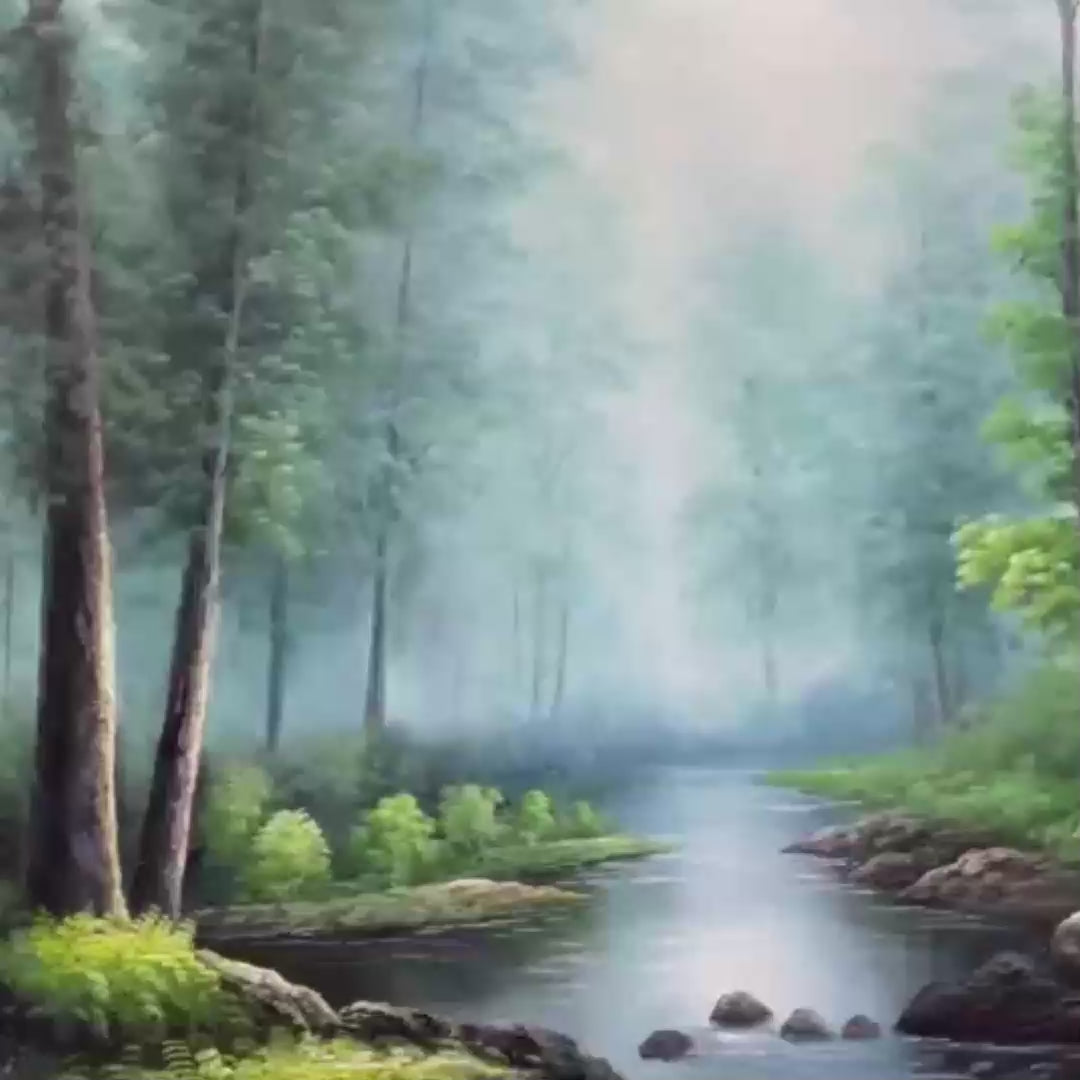 FOREST PATH: Panoramic Forest Painting with Stream, Misty Landscape, Canvas Wall Art - Image 3