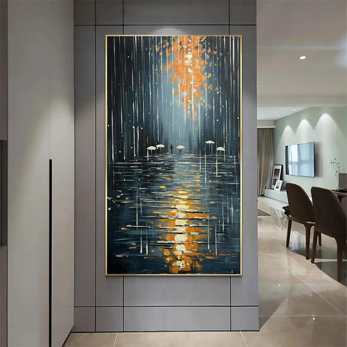 RAINY DAY REFLECTIONS: Vertical Painting of a Rainy City Street, Minimalist Figures, Modern Wall Art, Blue and Gold - Image 8