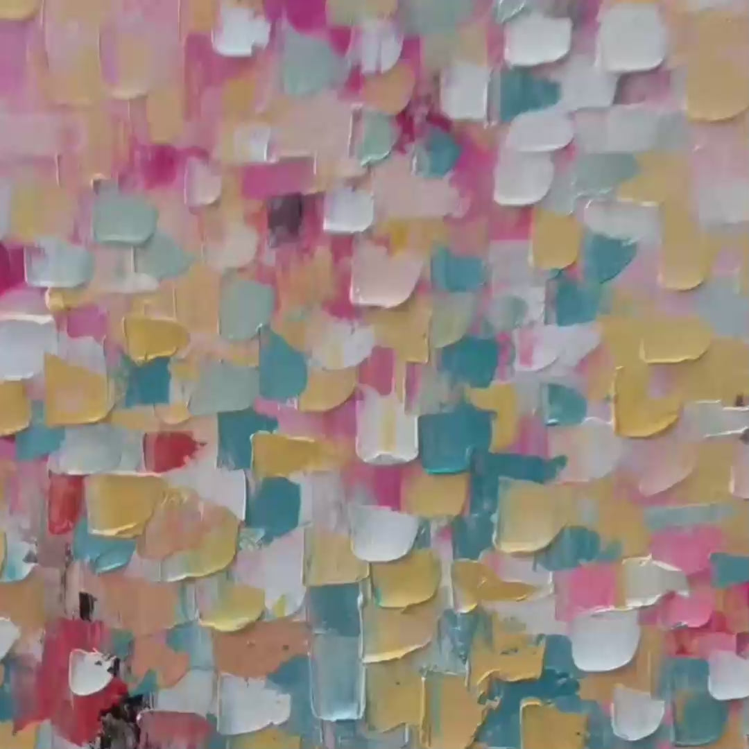 CONFETTI GARDEN: Abstract Floral Painting in Pink, Yellow, and Teal, Panoramic Canvas, Modern Wall Art - Image 3