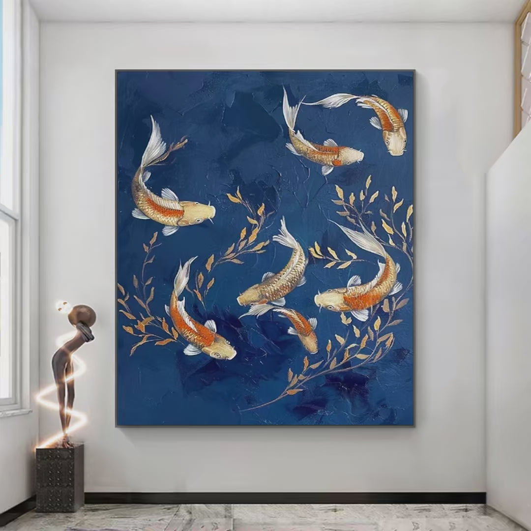 GOLDEN KOI: Vertical Koi Fish Painting on Blue Background - Image 4