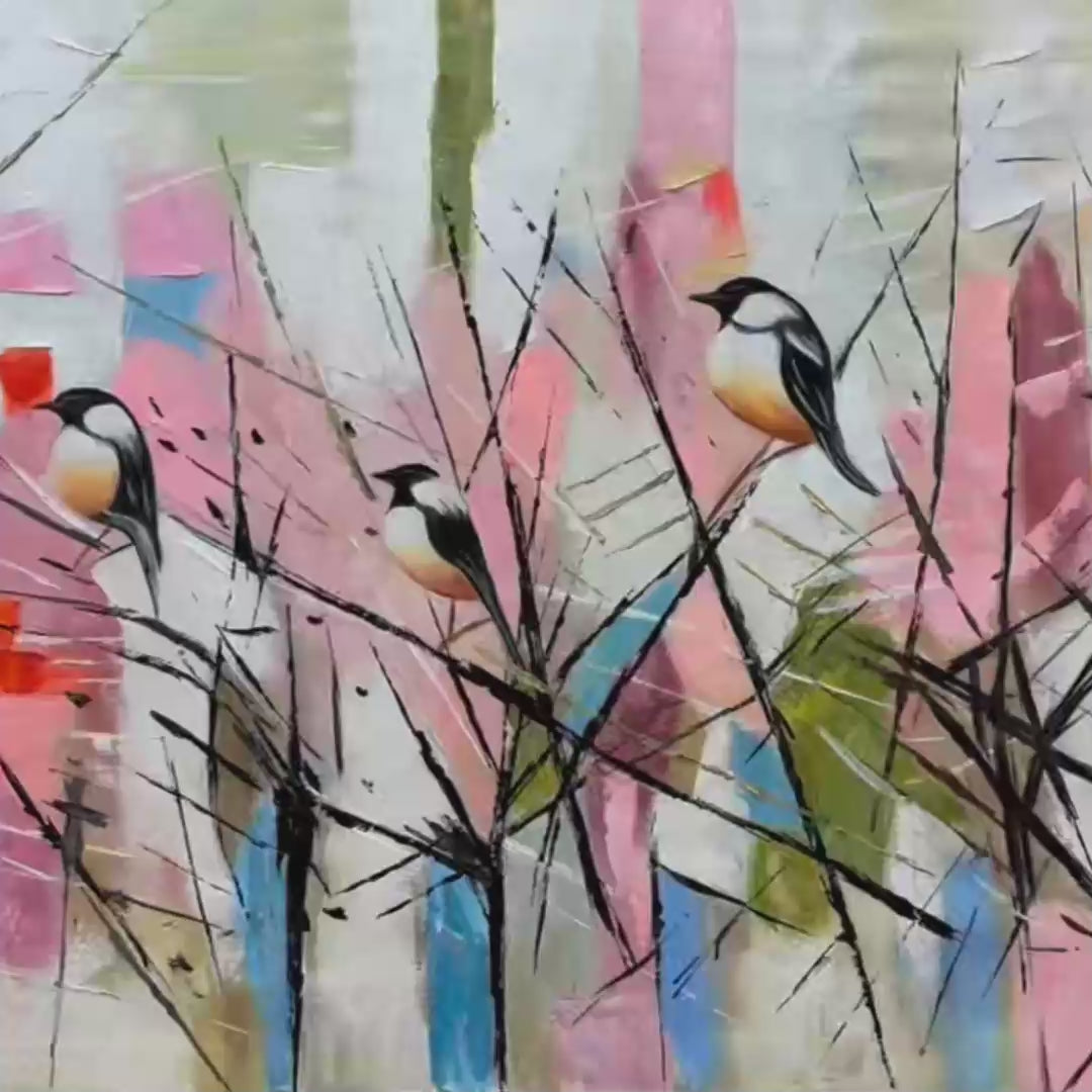 WHIMSICAL BIRDS: Panoramic Painting of Birds on Branches, Pastel Colors, Modern Wall Art, Pink, Blue - Image 3