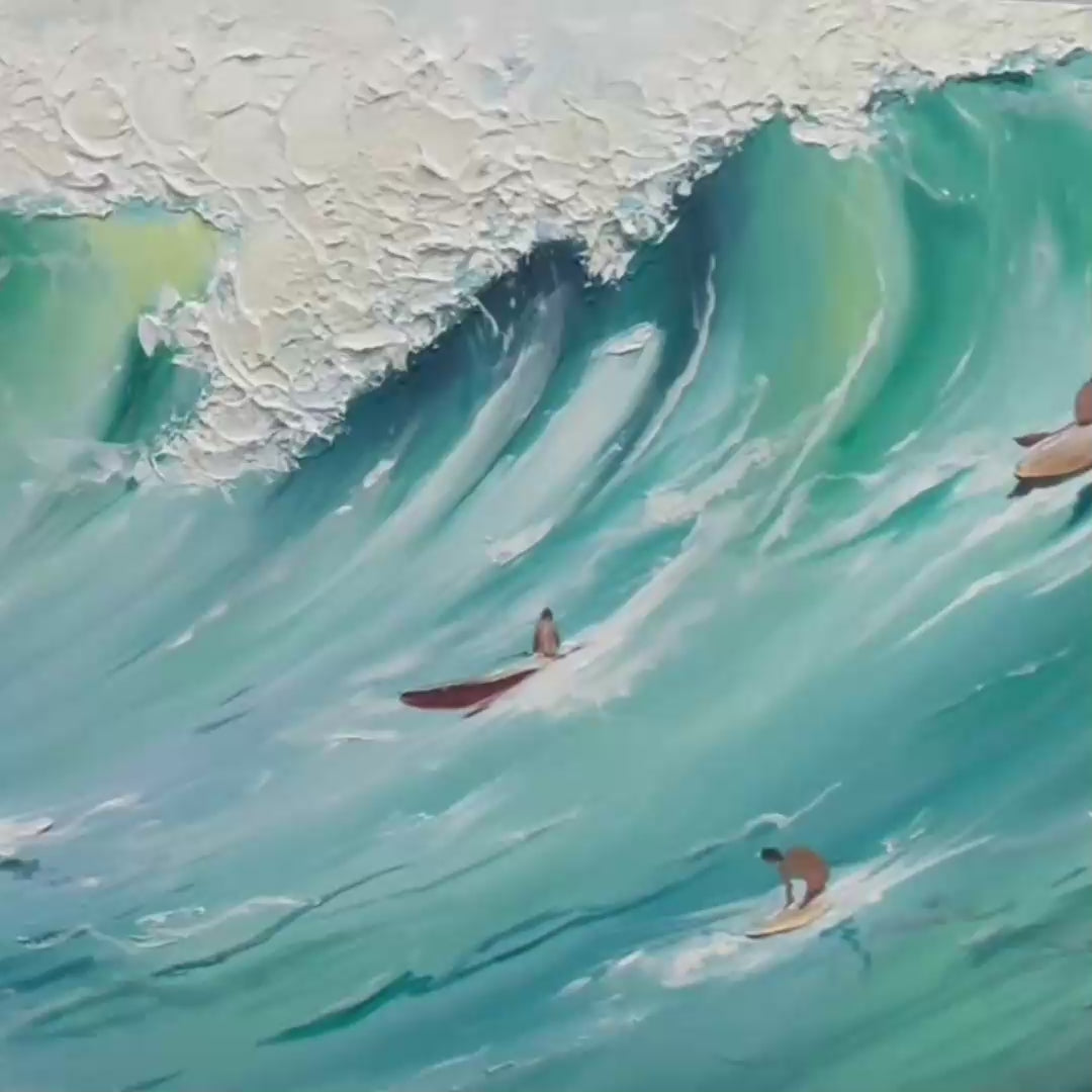 EPIC RIDE: Panoramic Ocean Painting of Surfers on a Majestic Wave - Image 3