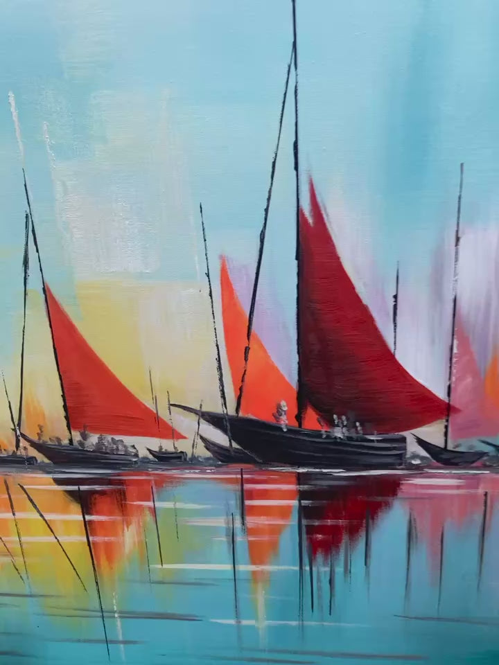 HARBOR SUNSET: Panoramic Sailboat Painting, Colorful Sunset - Image 4