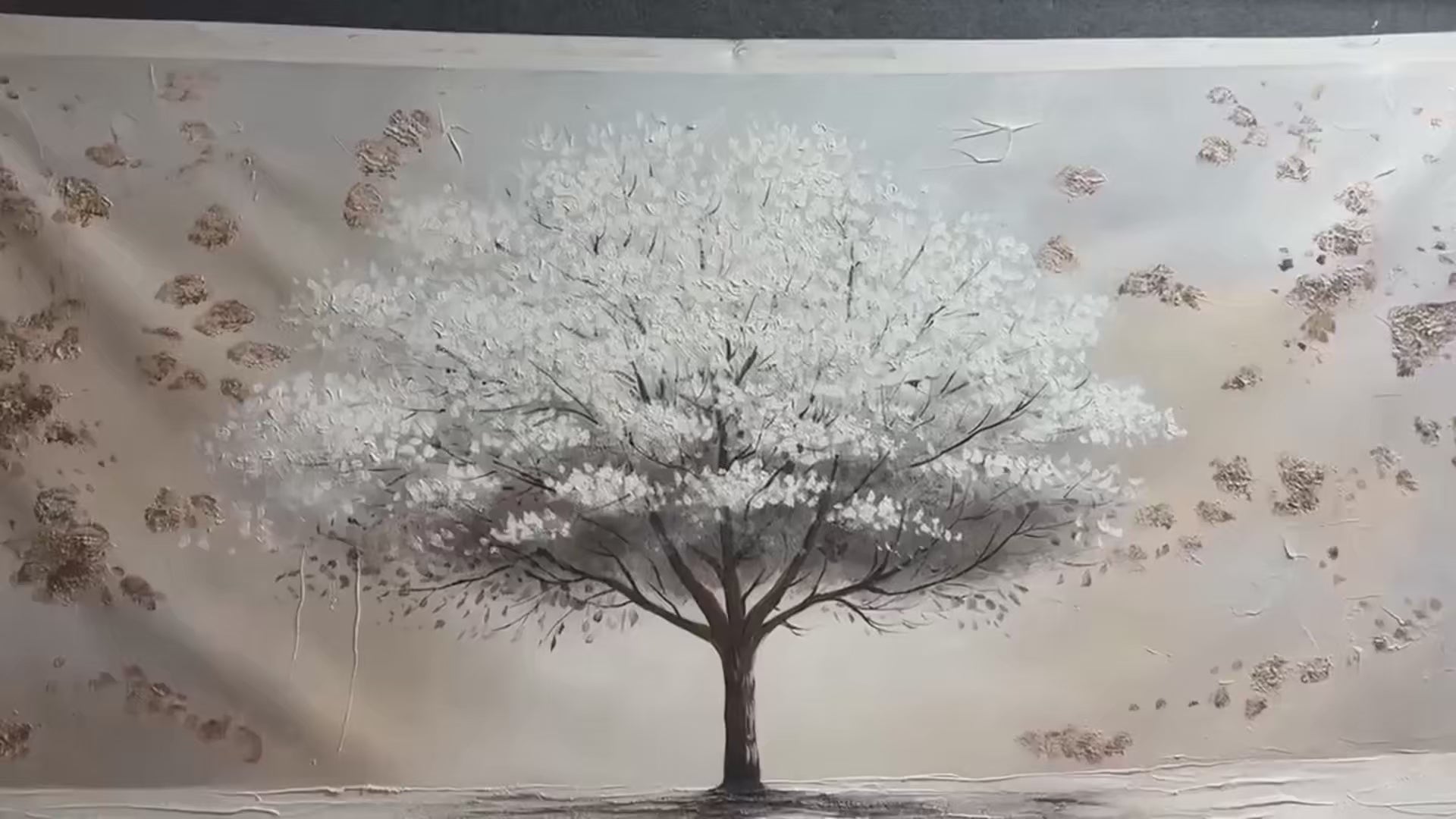 WINTER'S GRACE: Textured White Tree Painting with Gold Accents on Beige - Image 4