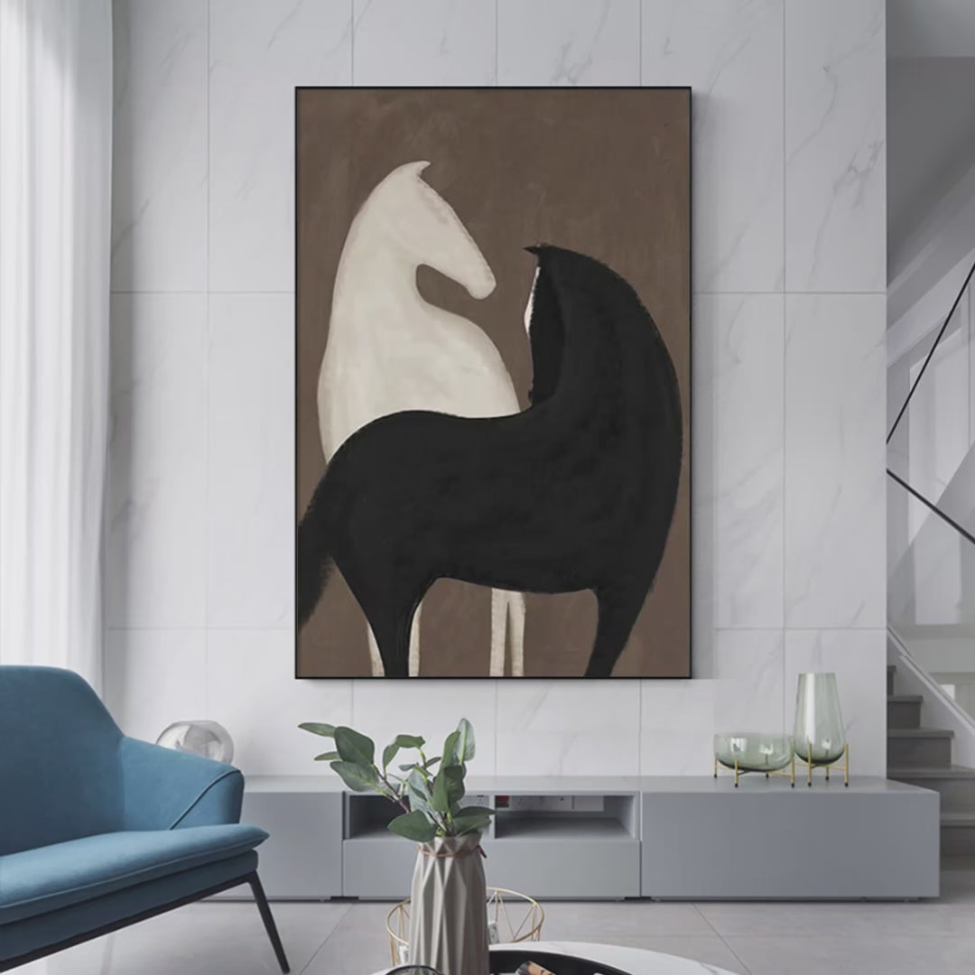 TWO HORSES ON BROWN: Minimalist Horse Painting, Vertical Wall Art - Image 4