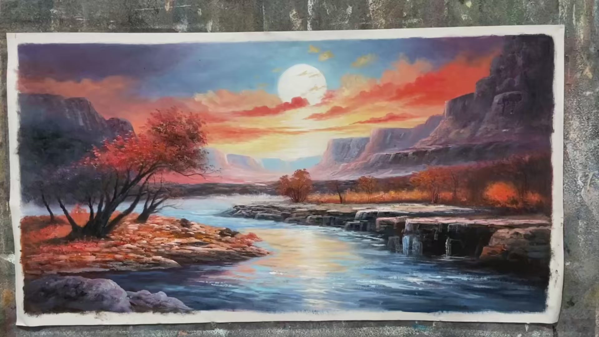 AUTUMN RIVER: Landscape Painting of a River at Sunset, Mountains, and Autumn Trees, Modern Wall Art - Image 4
