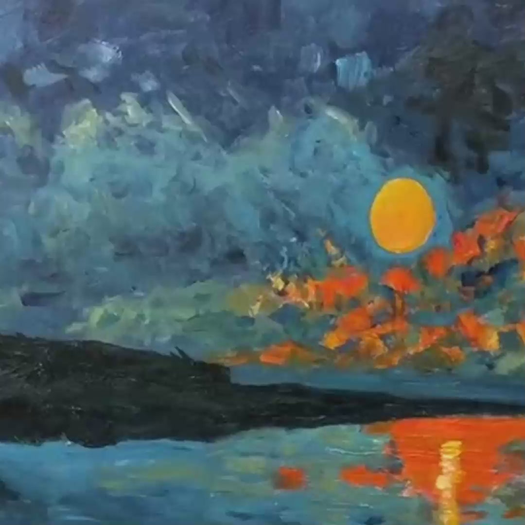 HARVEST MOON OVER THE LAKE PANORAMIC: Landscape Painting, Panoramic Wall Art, Moonlit Lake Decor - Image 3