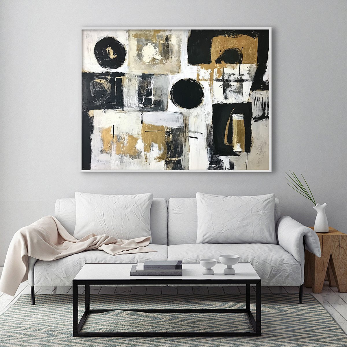 ALCHEMY GRID: Textured Abstract Painting in Black, White & Gold - Image 2