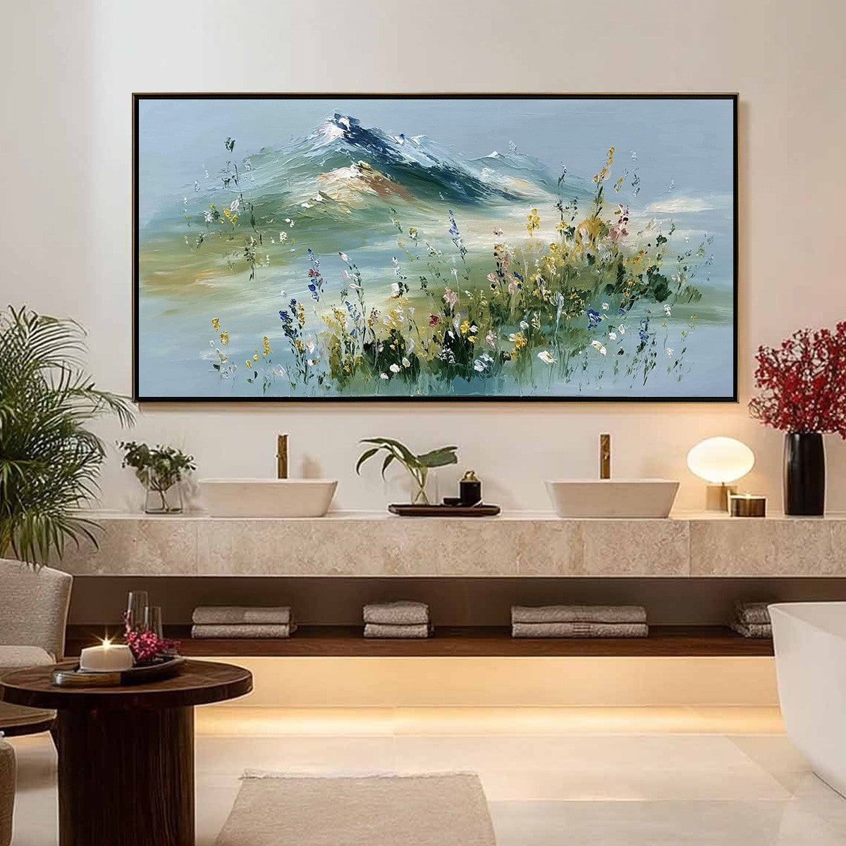 ALPINE BLOOM: Textured Palette Knife Mountain & Wildflower Landscape Painting - Image 2