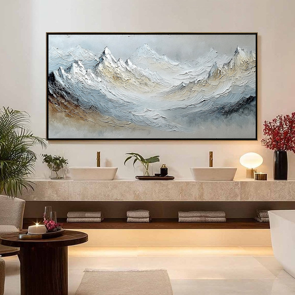 ALPINE CREST: Heavily Textured Wabi Sabi Mountain Landscape Painting - Image 4
