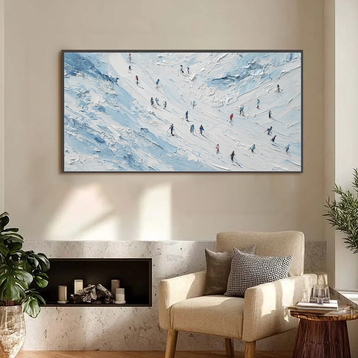 ALPINE DESCENT: Textured Impasto Painting of Skiers on a Snowy Mountain - Image 6