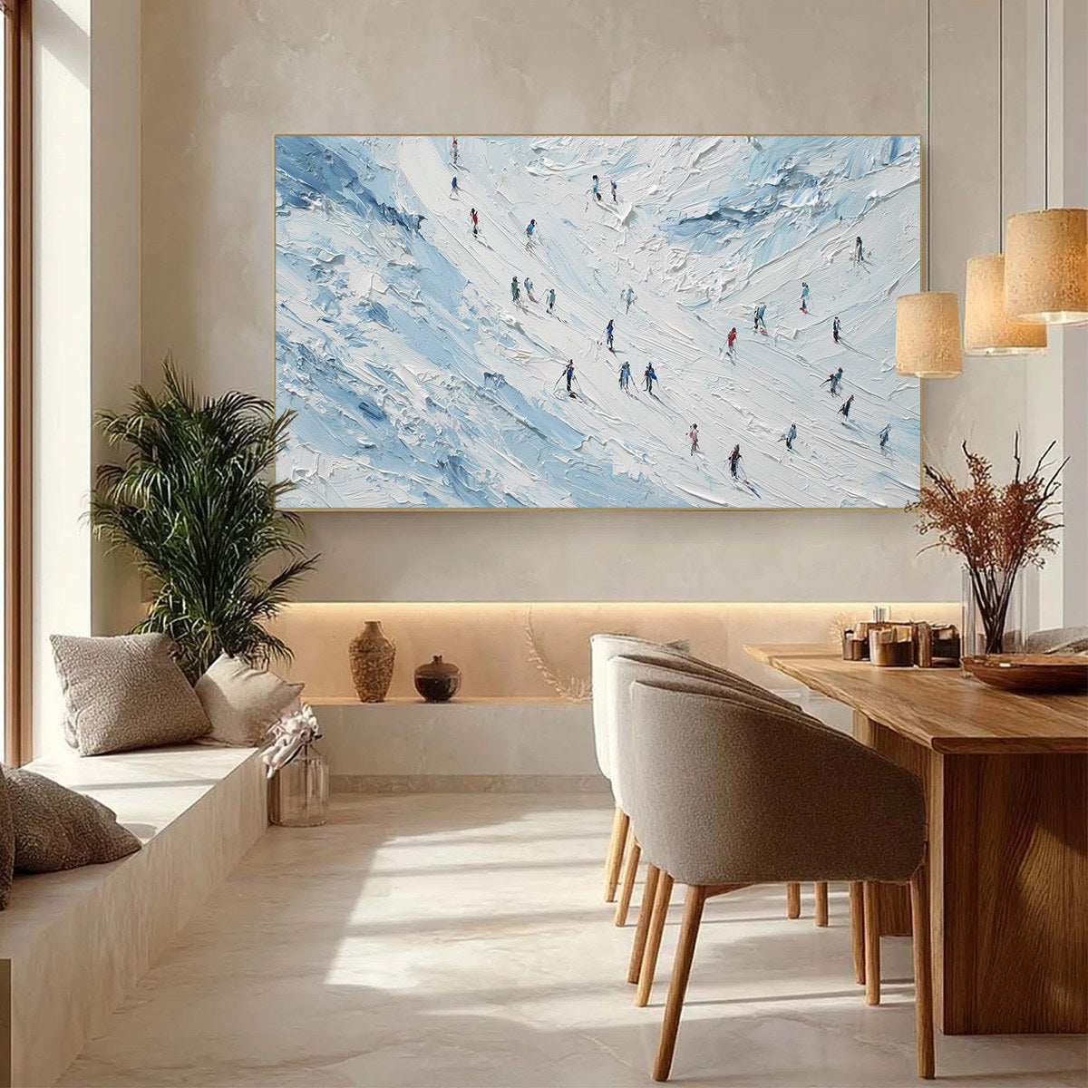 ALPINE DESCENT: Textured Impasto Painting of Skiers on a Snowy Mountain - Image 4
