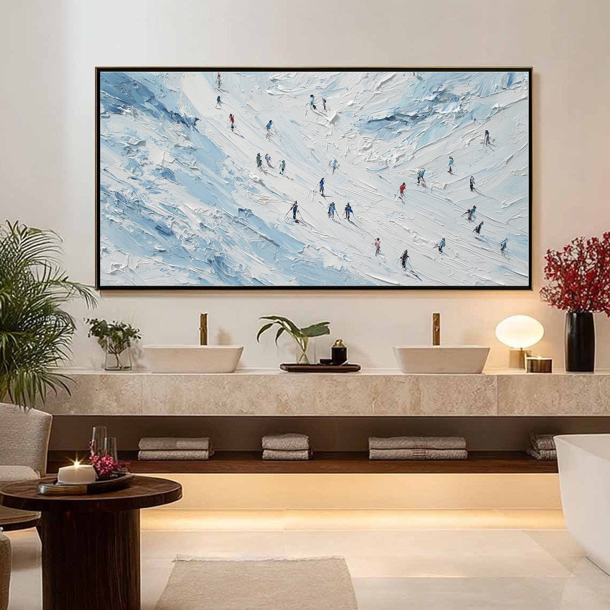 ALPINE DESCENT: Textured Impasto Painting of Skiers on a Snowy Mountain - Image 2