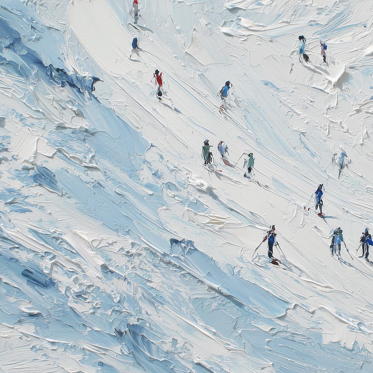 ALPINE DESCENT: Textured Impasto Painting of Skiers on a Snowy Mountain - Image 5