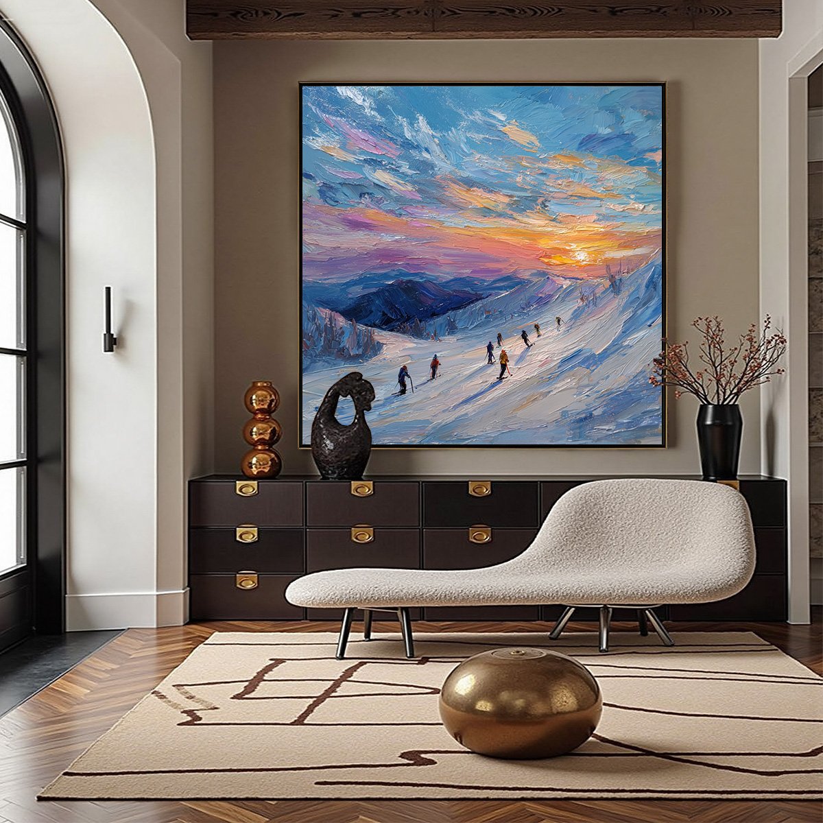 ALPINE GLOW: Textured Palette Knife Skiing Mountain Landscape Painting - Image 2