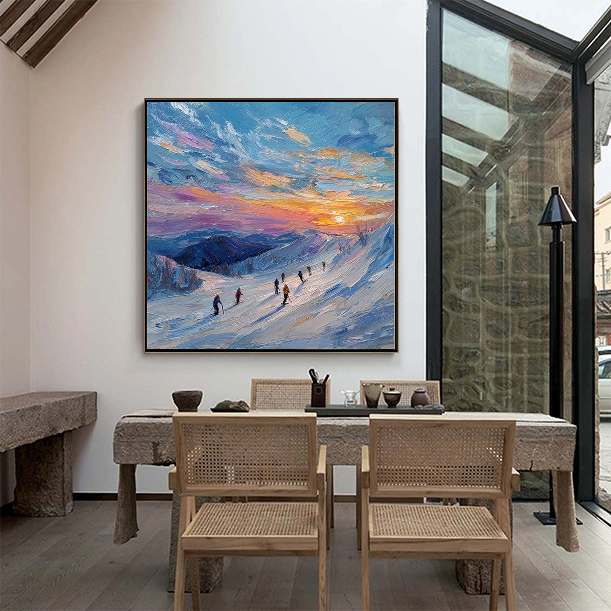 ALPINE GLOW: Textured Palette Knife Skiing Mountain Landscape Painting - Image 4