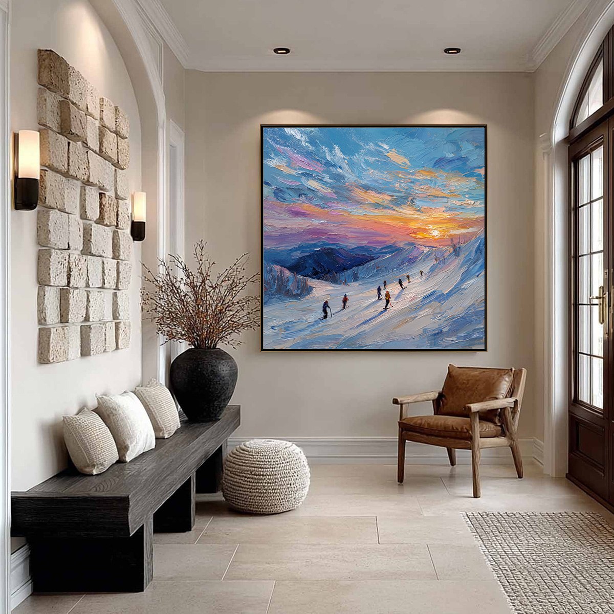 ALPINE GLOW: Textured Palette Knife Skiing Mountain Landscape Painting - Image 6