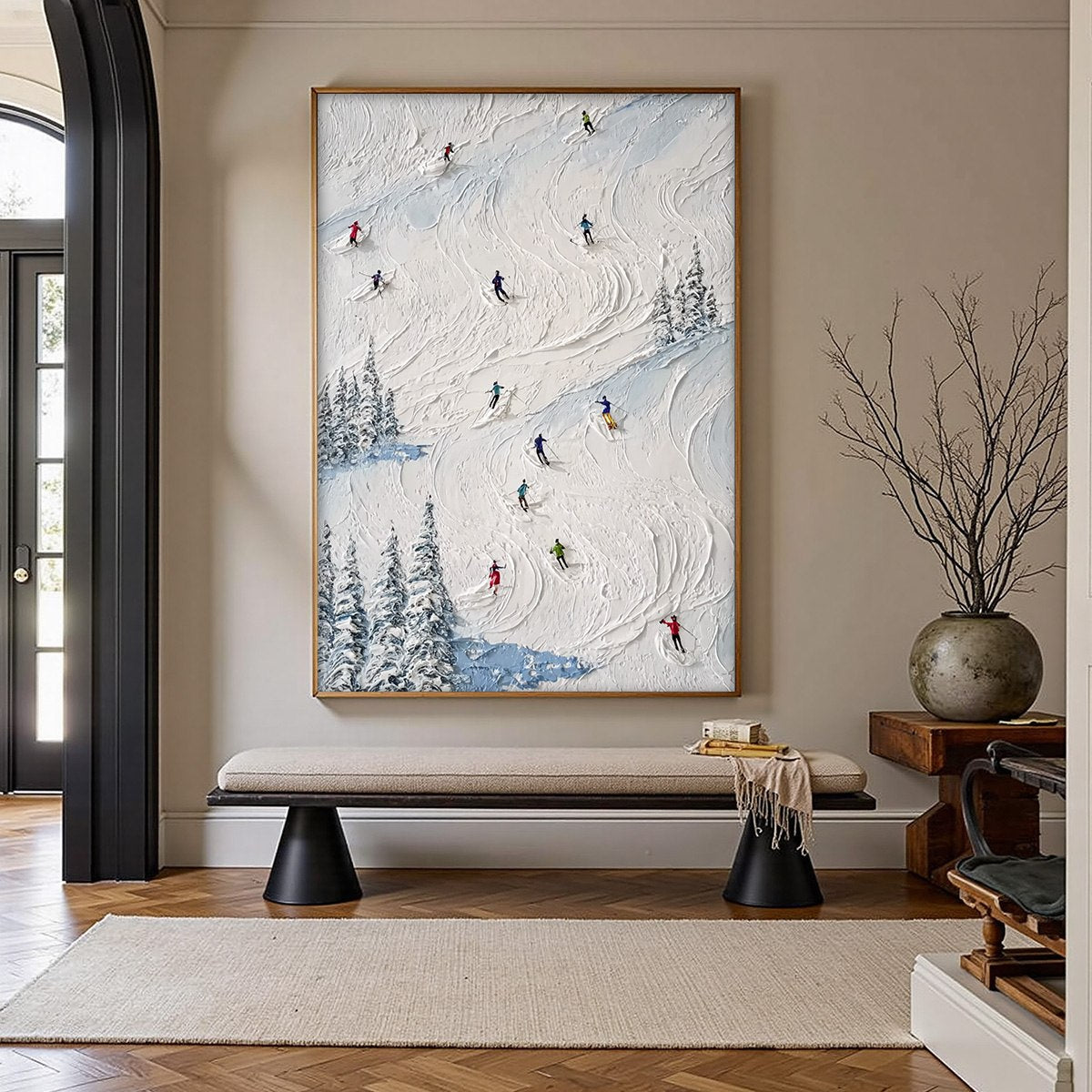 ALPINE RUSH: Heavy Texture Impasto Painting of Skiers on a Mountain Slope - Image 2