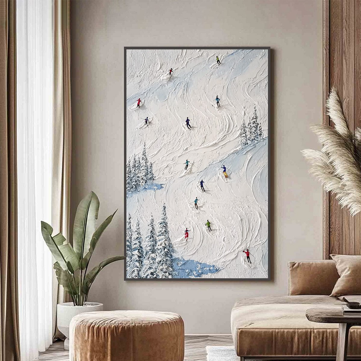 ALPINE RUSH: Heavy Texture Impasto Painting of Skiers on a Mountain Slope - Image 4