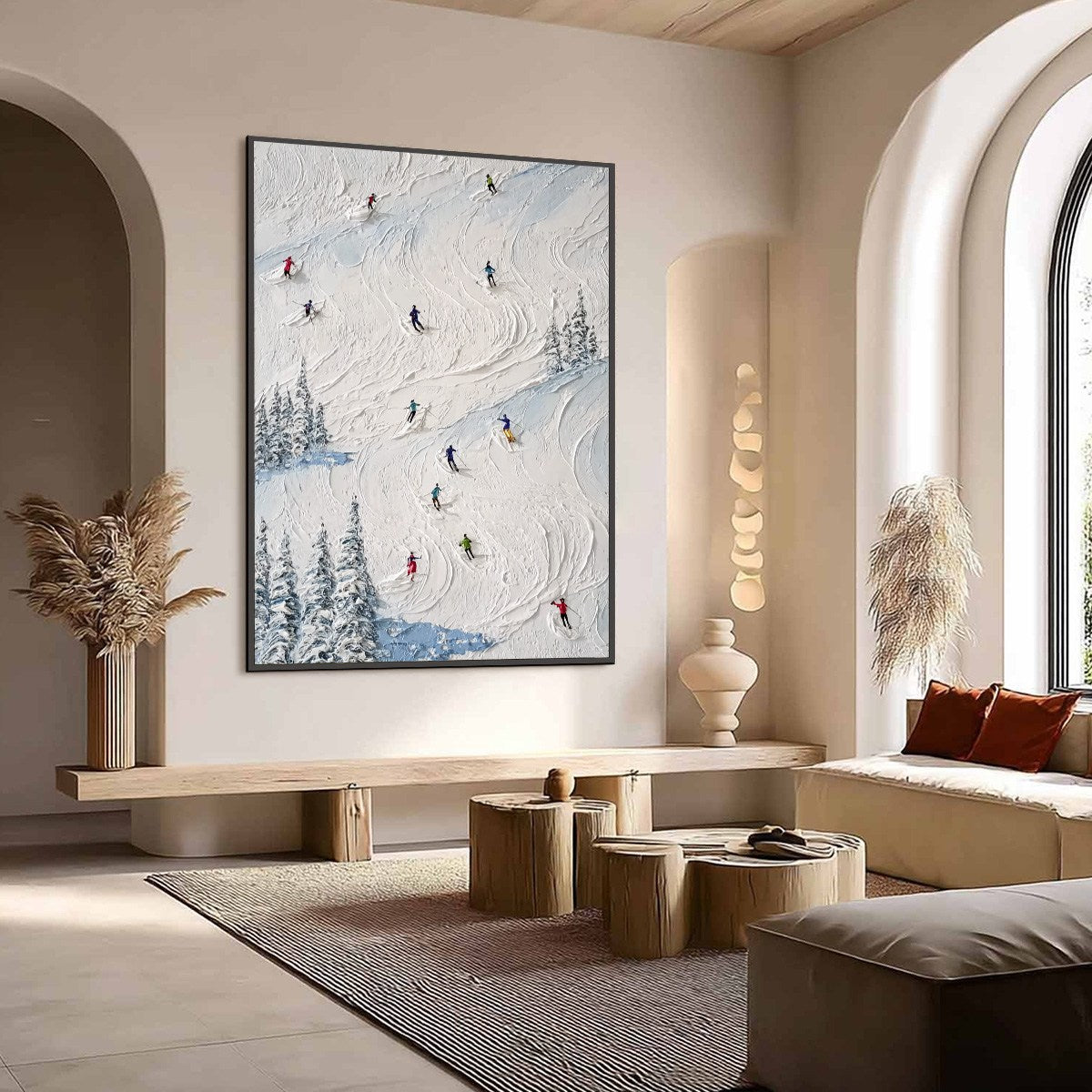 ALPINE RUSH: Heavy Texture Impasto Painting of Skiers on a Mountain Slope - Image 7