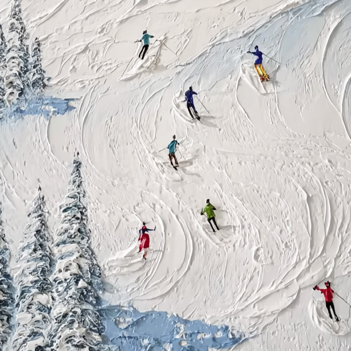 ALPINE RUSH: Heavy Texture Impasto Painting of Skiers on a Mountain Slope - Image 3