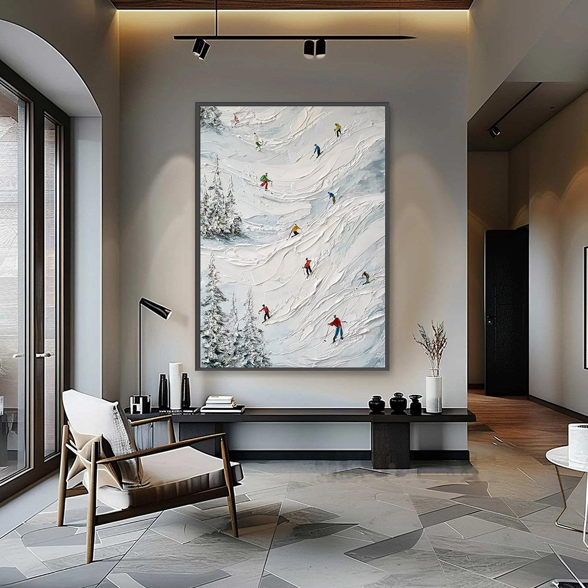 ALPINE RUSH: Heavy Texture Impasto Painting of Skiers on a Mountain - Image 4