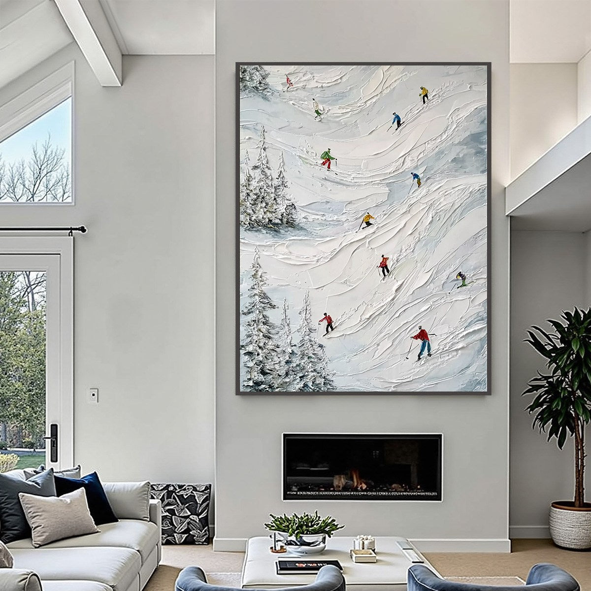 ALPINE RUSH: Heavy Texture Impasto Painting of Skiers on a Mountain - Image 6