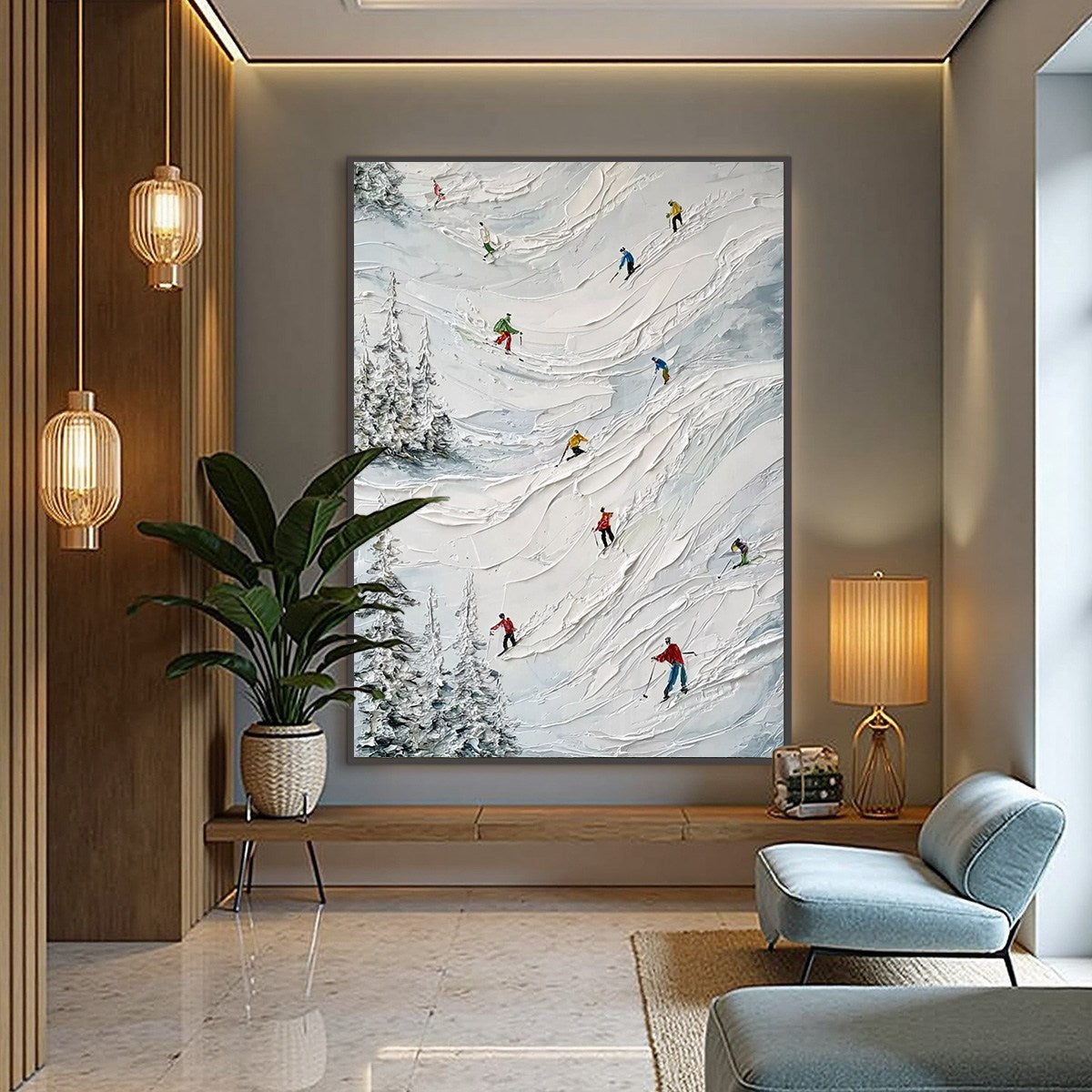 ALPINE RUSH: Heavy Texture Impasto Painting of Skiers on a Mountain - Image 2