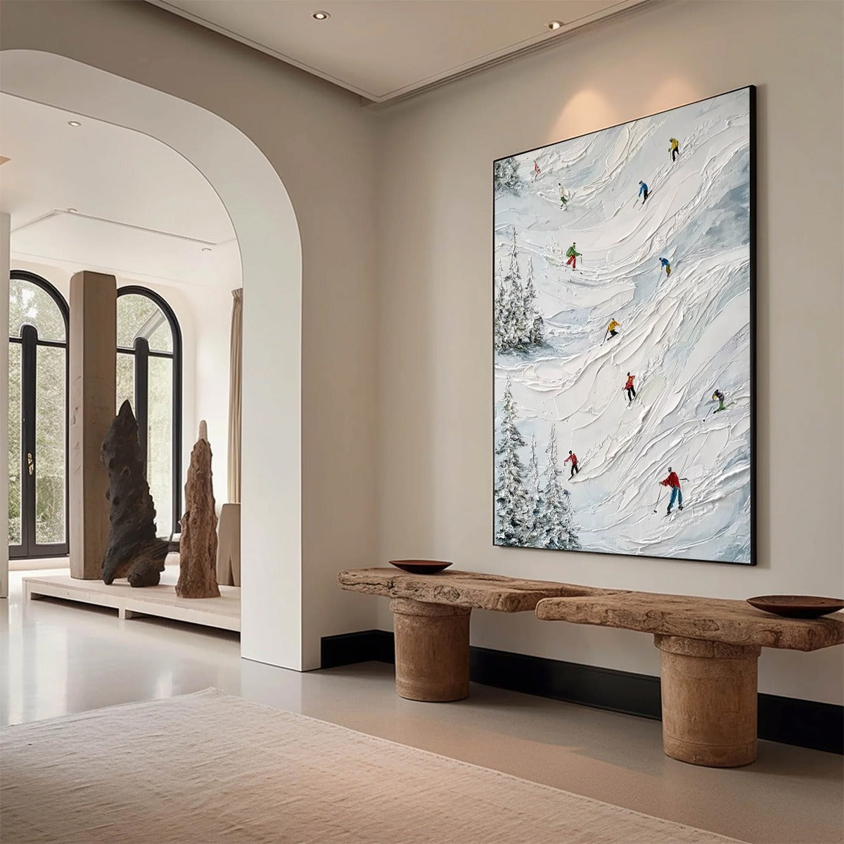 ALPINE RUSH: Heavy Texture Impasto Painting of Skiers on a Mountain - Image 7