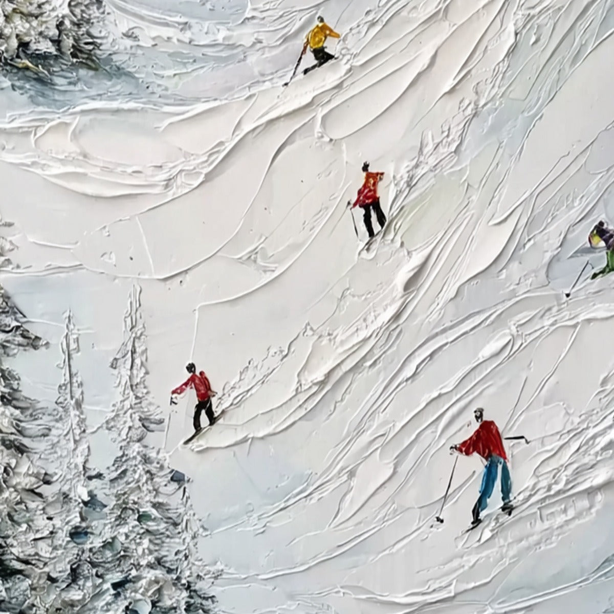 ALPINE RUSH: Heavy Texture Impasto Painting of Skiers on a Mountain - Image 3