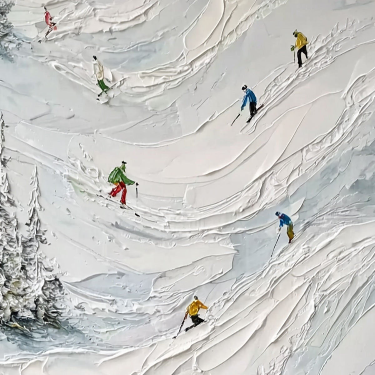 ALPINE RUSH: Heavy Texture Impasto Painting of Skiers on a Mountain - Image 5