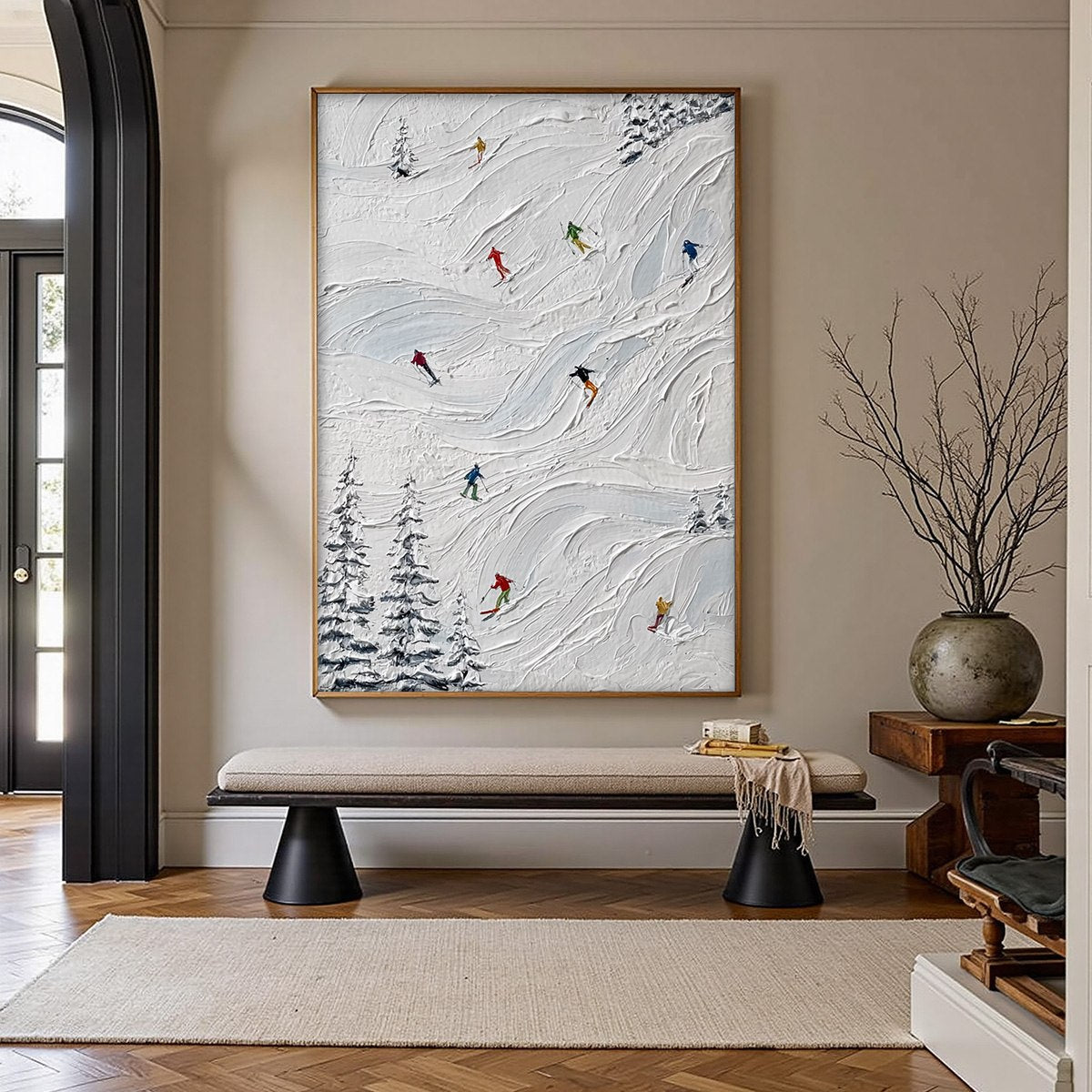 ALPINE RUSH: Textured Impasto Painting of Skiers on Snowy Slopes - Image 4