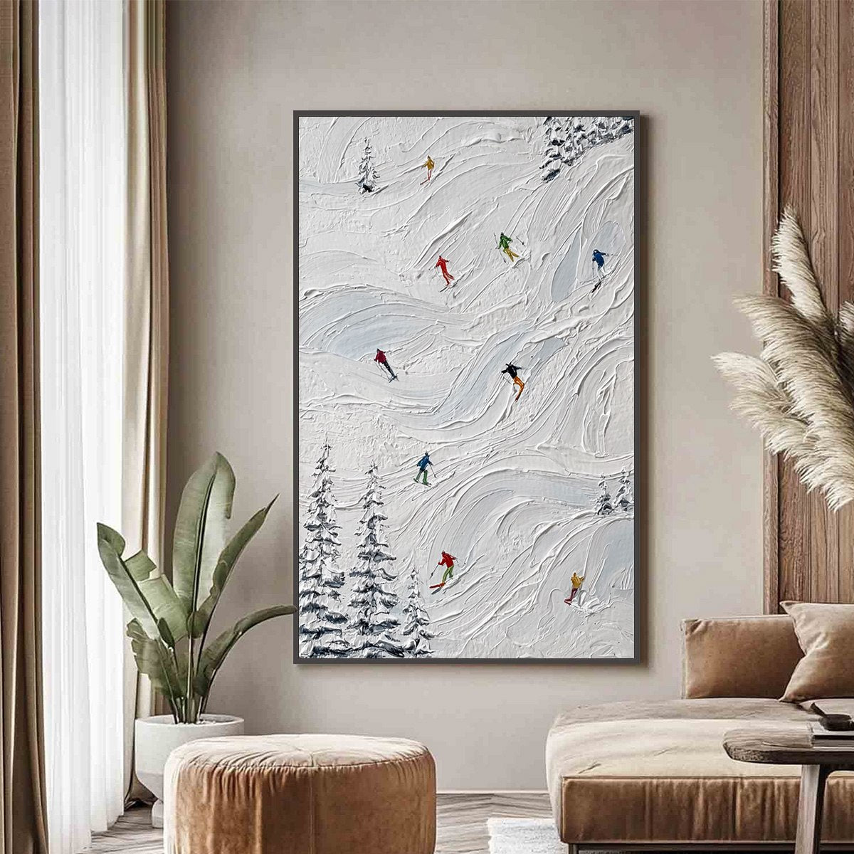 ALPINE RUSH: Textured Impasto Painting of Skiers on Snowy Slopes - Image 2