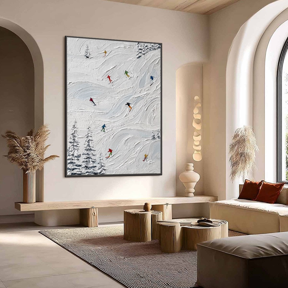ALPINE RUSH: Textured Impasto Painting of Skiers on Snowy Slopes - Image 7