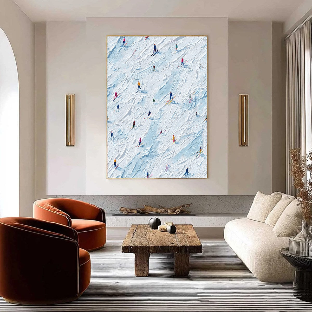 ALPINE RUSH: Textured Impasto Painting of Skiers on a Slope - Image 2