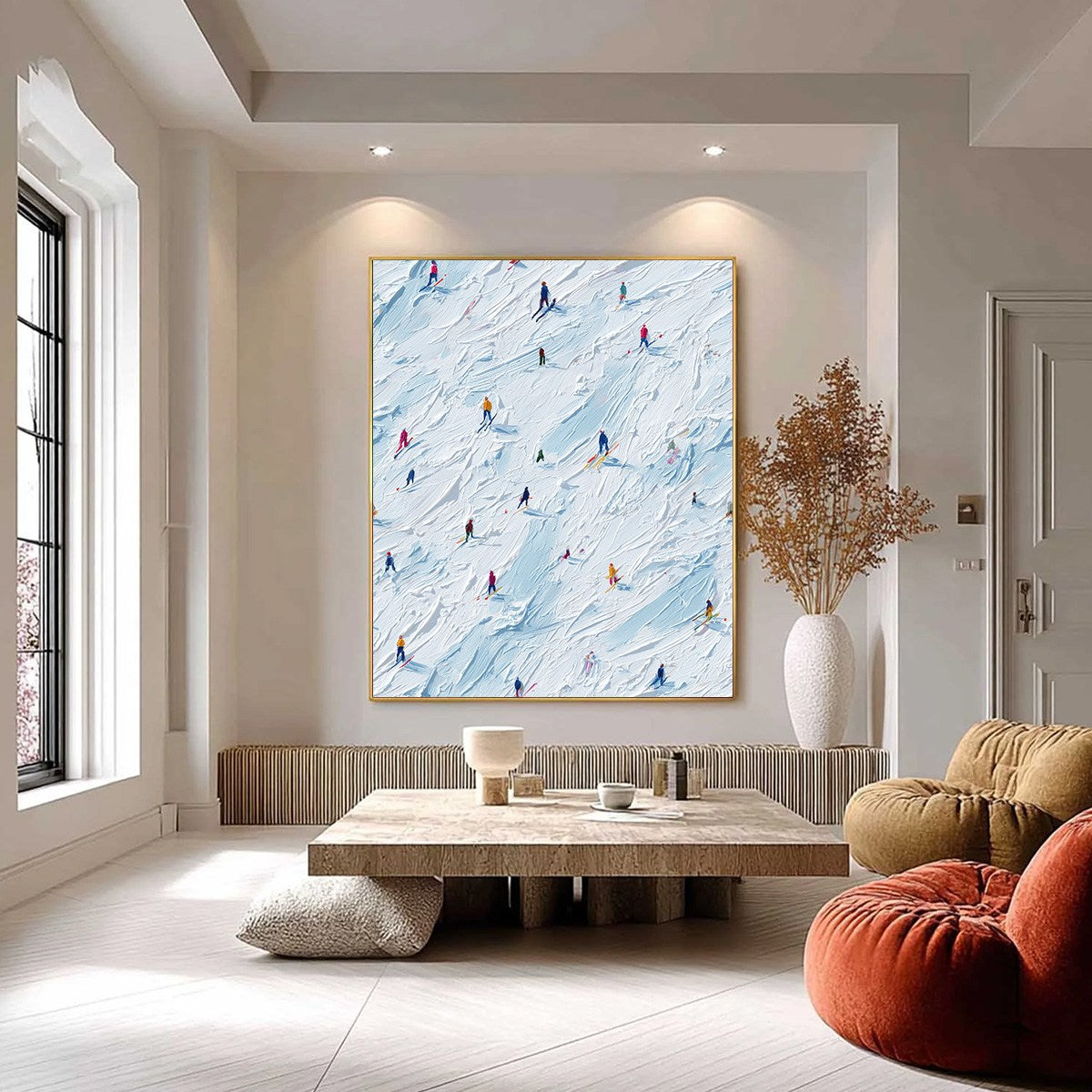 ALPINE RUSH: Textured Impasto Painting of Skiers on a Slope - Image 6