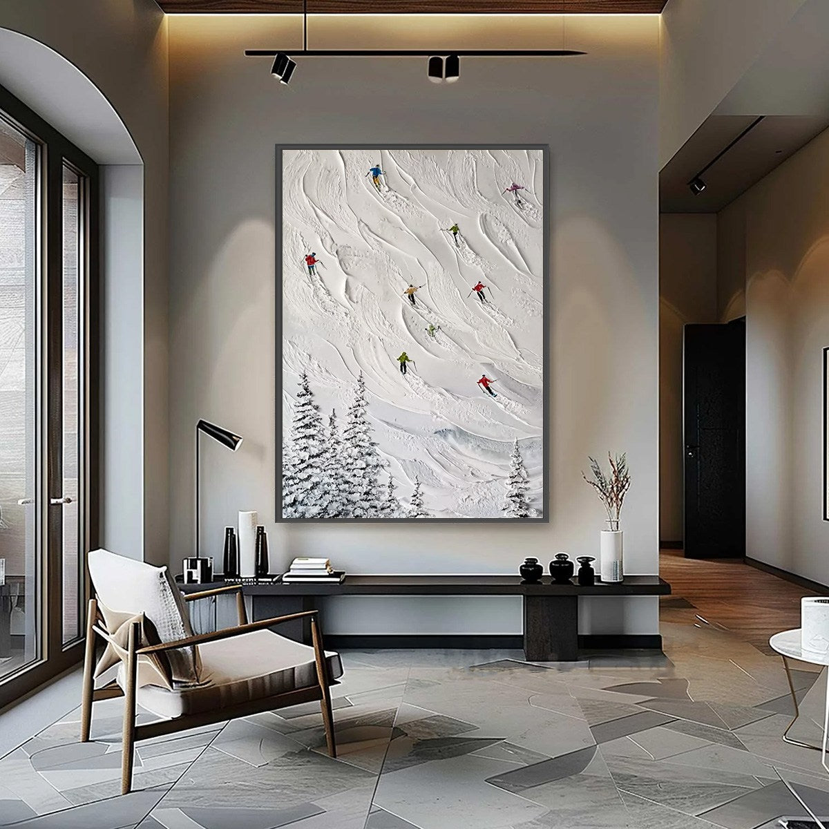 ALPINE RUSH: Textured Impasto Painting of Skiers on a Snowy Mountain - Image 2