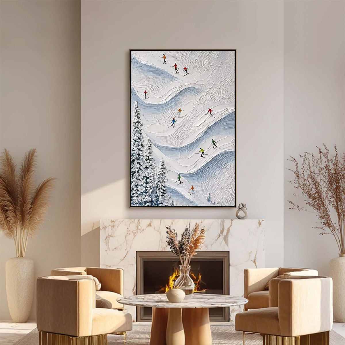 ALPINE RUSH: Textured Impasto Painting of Skiers on a Snowy Mountain - Image 2