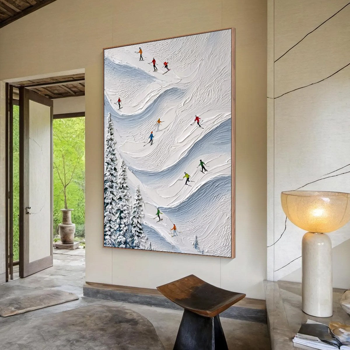 ALPINE RUSH: Textured Impasto Painting of Skiers on a Snowy Mountain - Image 7