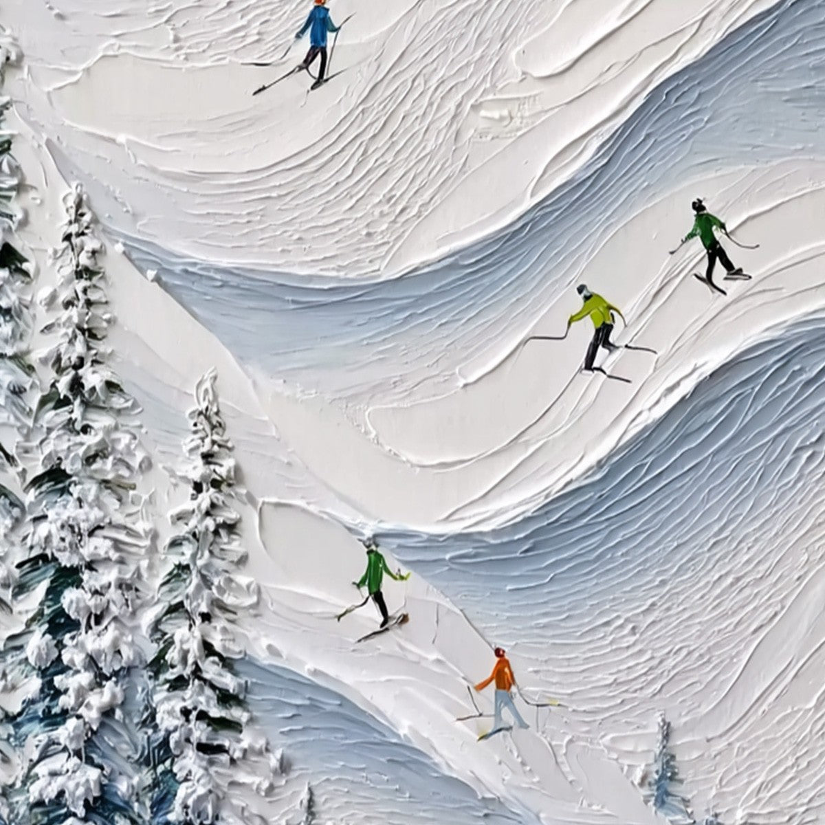 ALPINE RUSH: Textured Impasto Painting of Skiers on a Snowy Mountain - Image 3