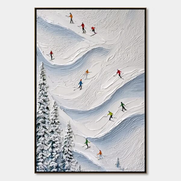 ALPINE RUSH: Textured Impasto Painting of Skiers on a Snowy Mountain
