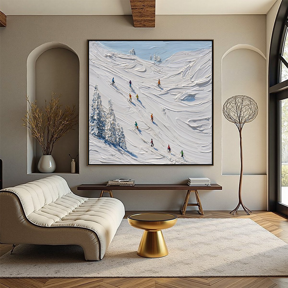 ALPINE RUSH: Textured Impasto Painting of Skiers on a Snowy Mountain - Image 2