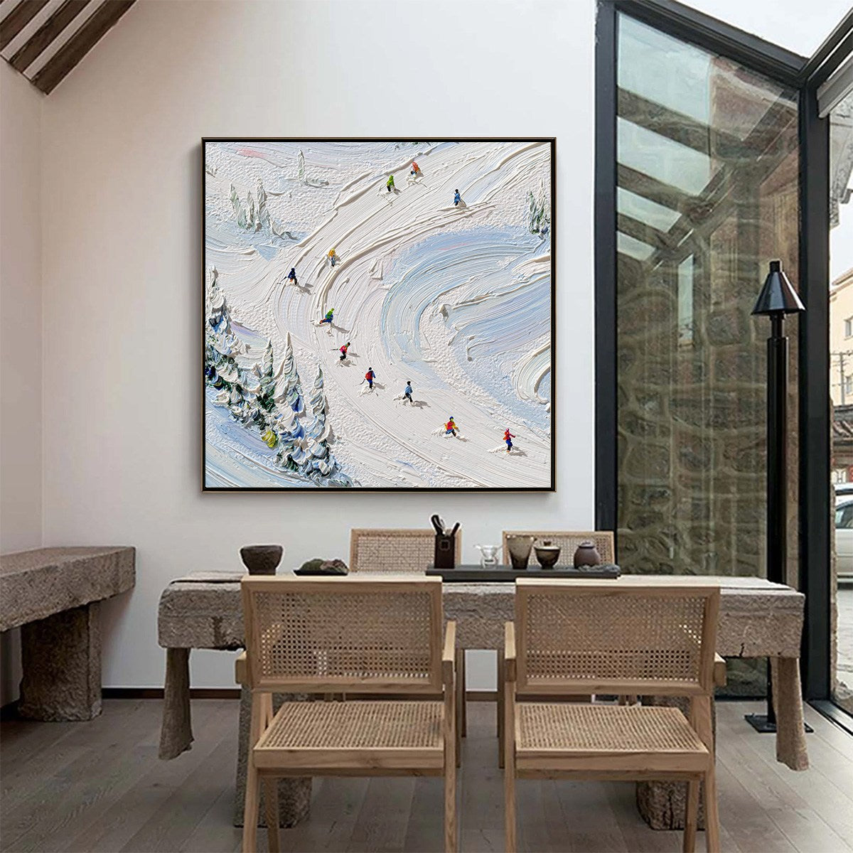 ALPINE RUSH: Textured Impasto Painting of Skiers on a Snowy Mountain - Image 4