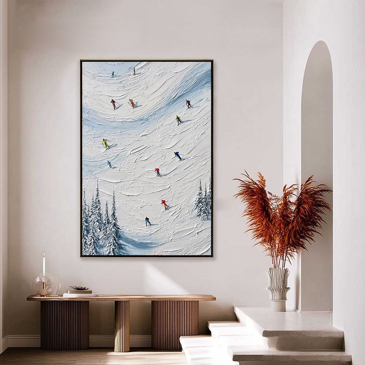 ALPINE RUSH: Textured Impasto Painting of Skiers on a Snowy Mountain - Image 2