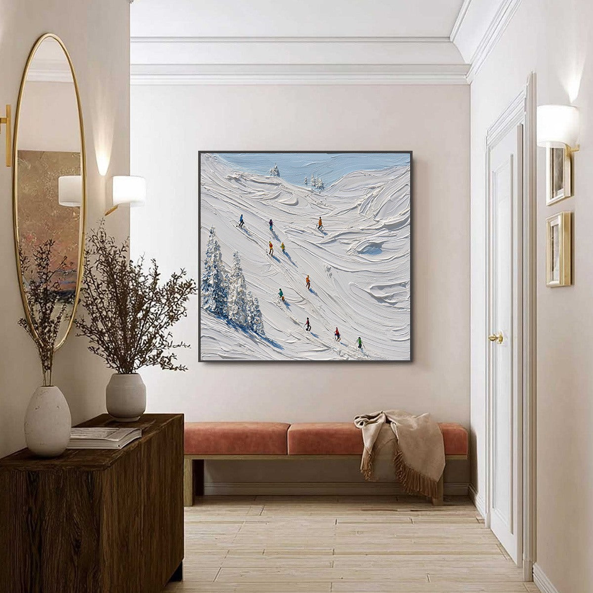 ALPINE RUSH: Textured Impasto Painting of Skiers on a Snowy Mountain - Image 4