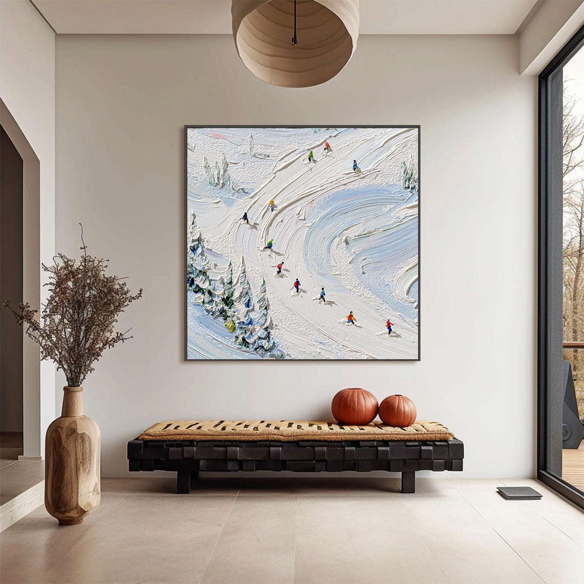 ALPINE RUSH: Textured Impasto Painting of Skiers on a Snowy Mountain - Image 2